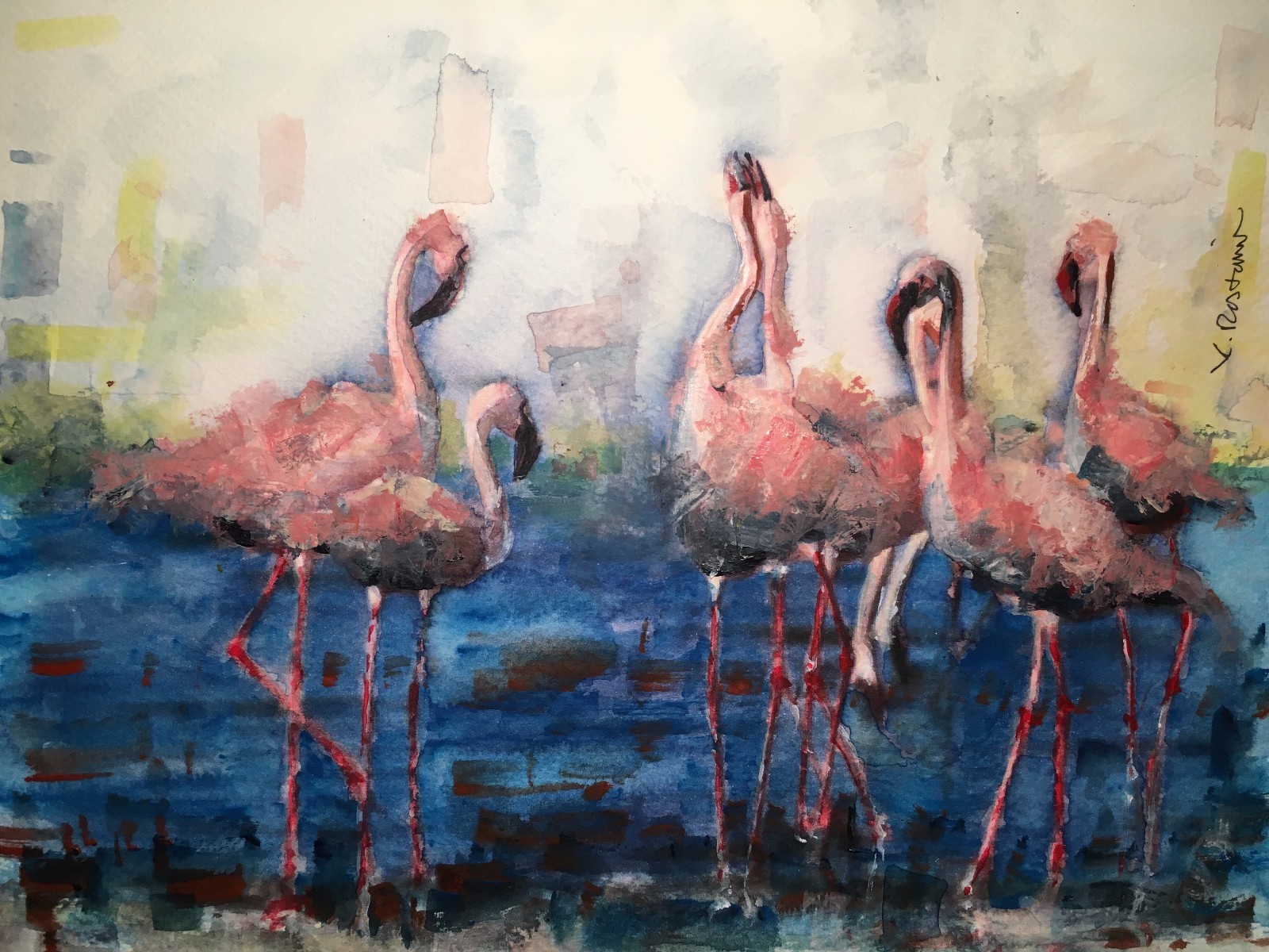 A-684 Original/Print Watercolor «Having Company» Gift Idea Flamingo Birds