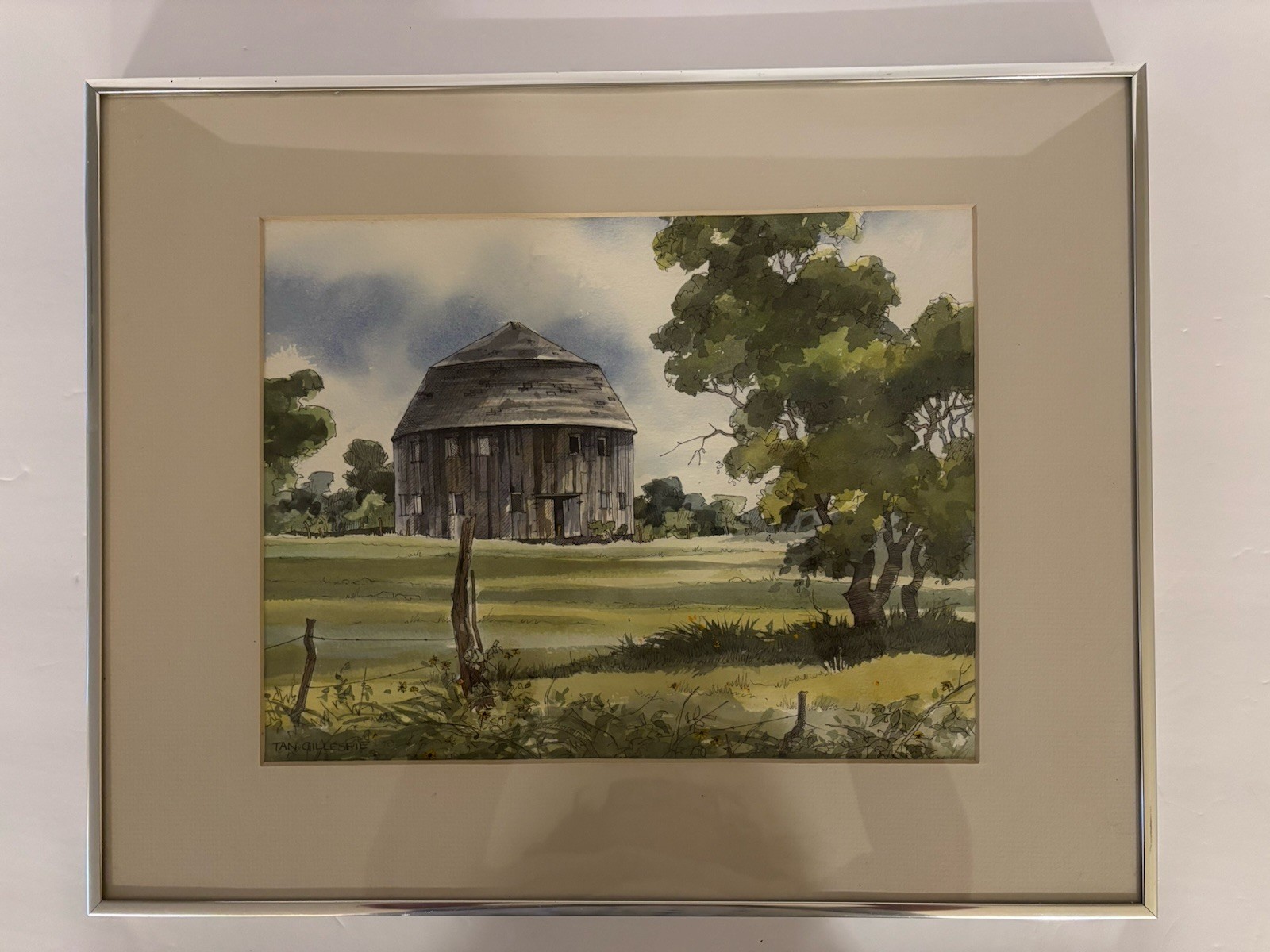 Vtg Round Barn Watercolor Landscape Painting By Listed Artist Tan Gillespie