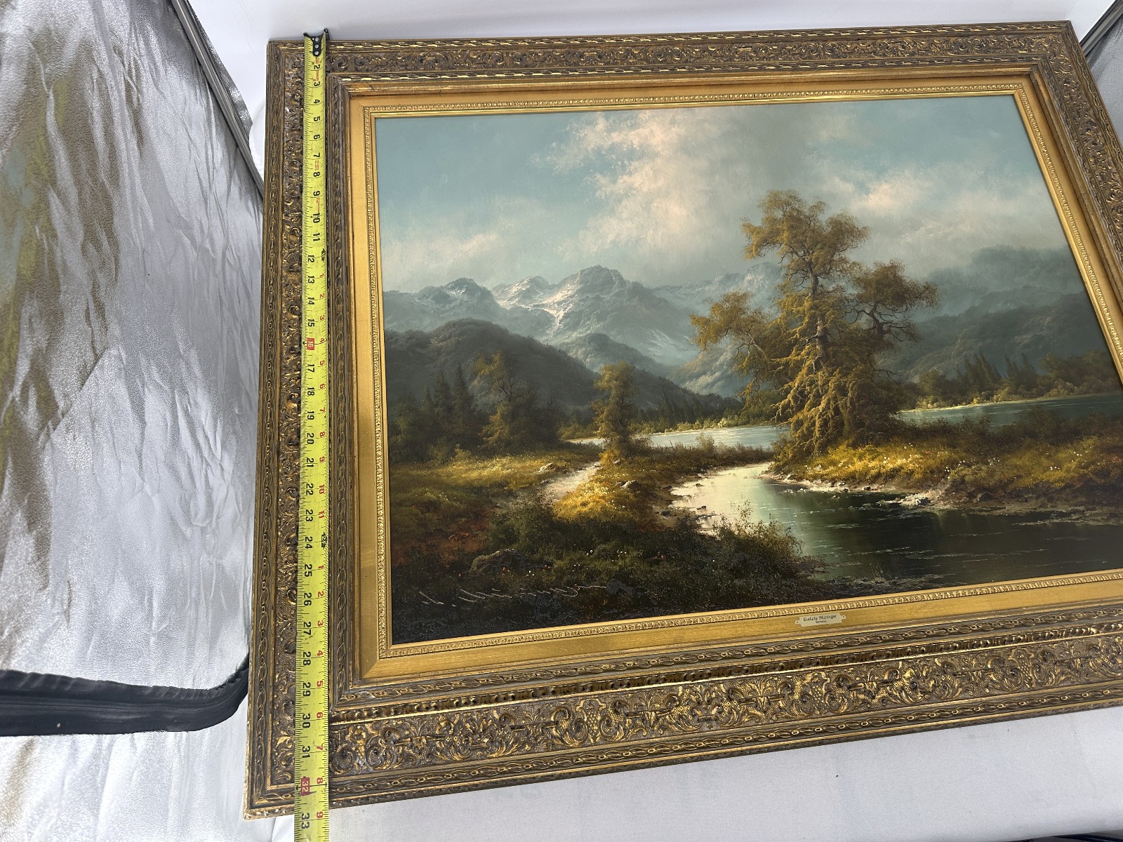 Ludwig Muninger Alpine Landscape Scene Oil Painting Framed 33″ x 41″