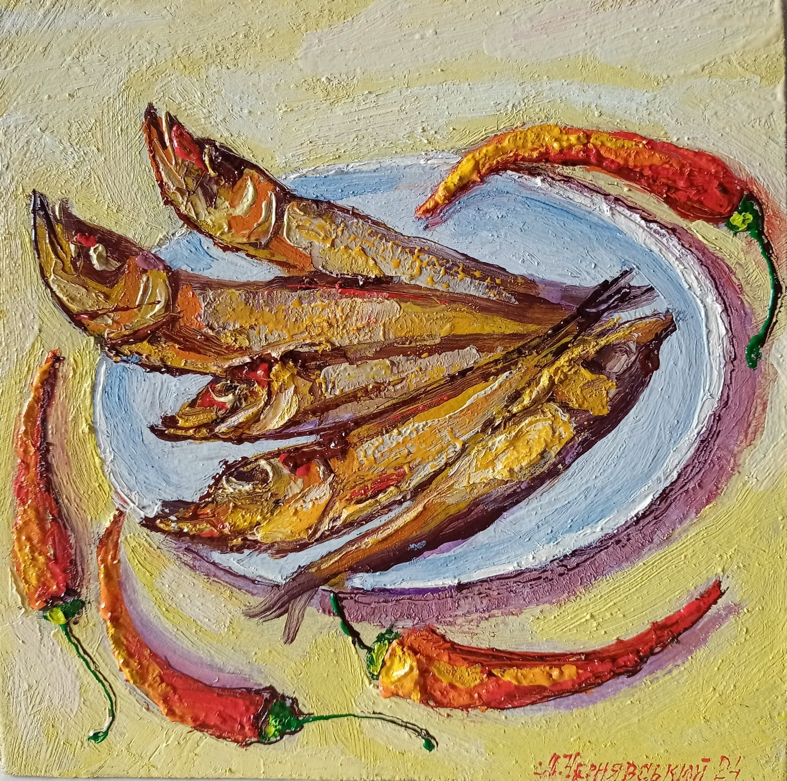 Fish Impasto Painting Original Art Impression Oil Painting 7.8 x 7.8 in