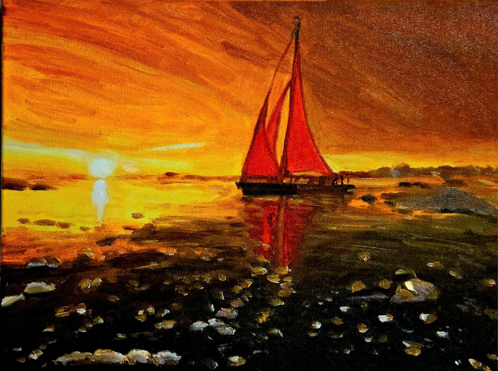 Daorong Oil Painting Red sailboat under the sunset in Greenland 12×16