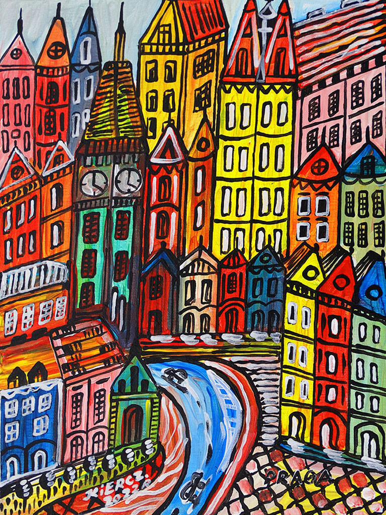 Prague Cityscape City Colorful Art Oil Painting Modernist Signed Jacek Kiercz