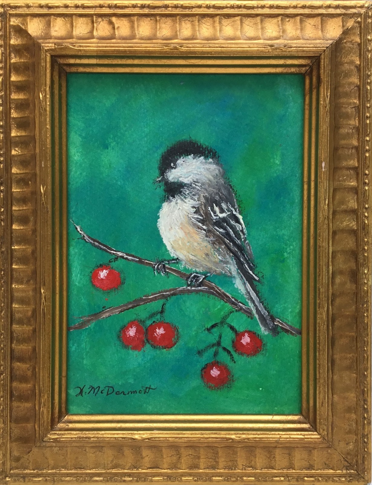 CHICKADEE # 89 – original framed 5X7 inch chickadee painting by K. McDermott