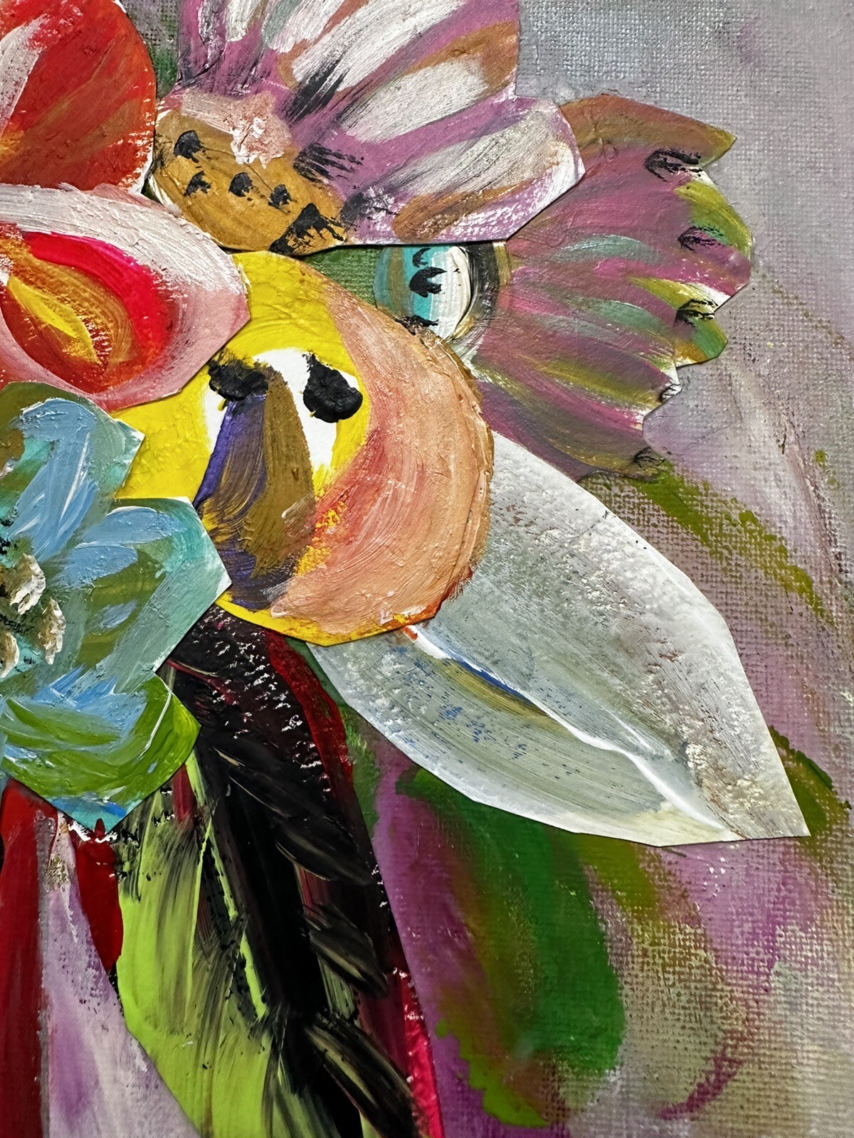 Art Hand Painted Artwork Hand Made Paper Collage Flowers On Board OOAK Signed