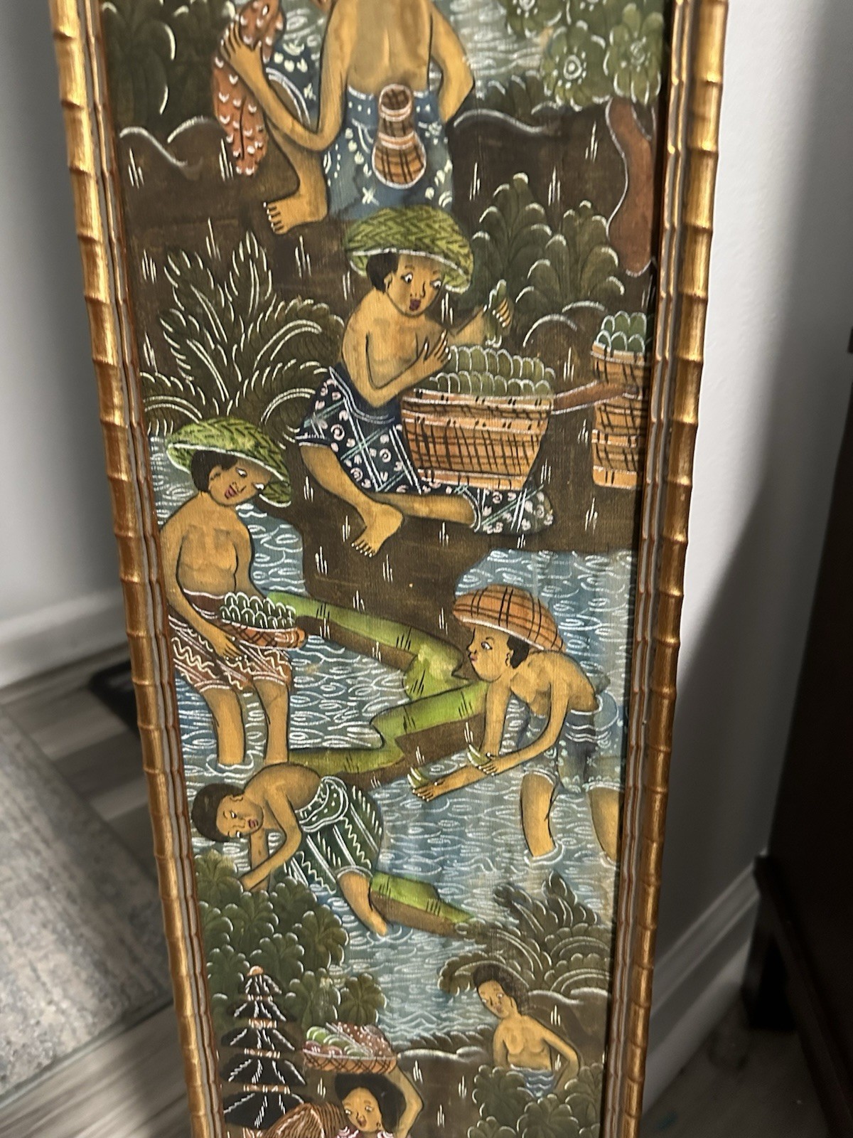 Original Balinese Oil painting on wood frame bamboo Style, 1950s -60’s