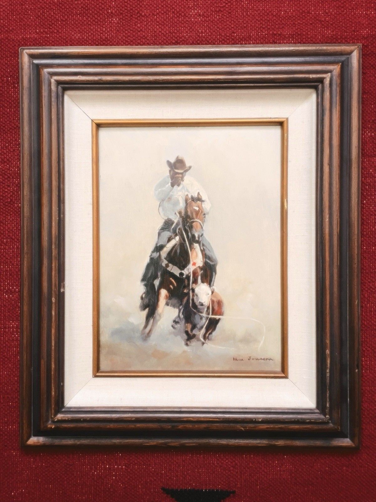 MAX JONSSON Oil on Board Southwest American Western Cowboy Rodeo Calf Roping