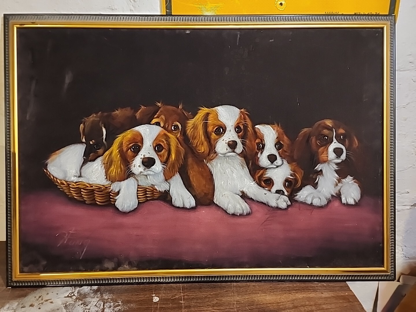 Black Velvet Cocker Spaniel Puppies Painting Wood Frame 38.5 x 27