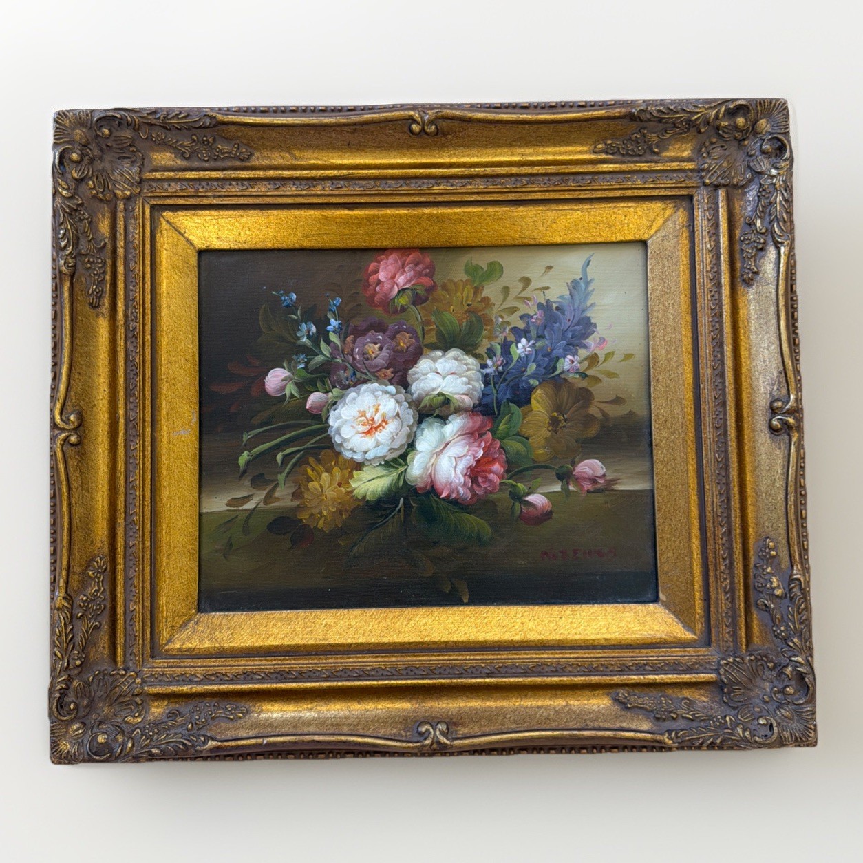 15.5″x13.5″ Ornate Gold Framed Floral Still Life Painting Roses Bouquet SIGNED