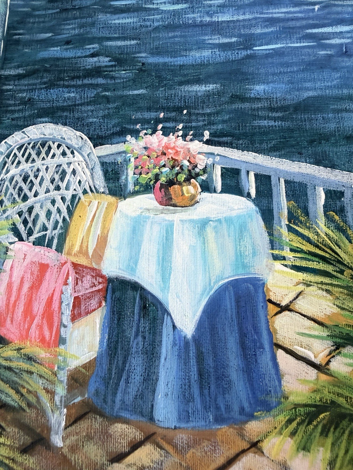 W. Brandt Signed Framed Impressionist Seascape Sailboats Patio Flowers Canvas