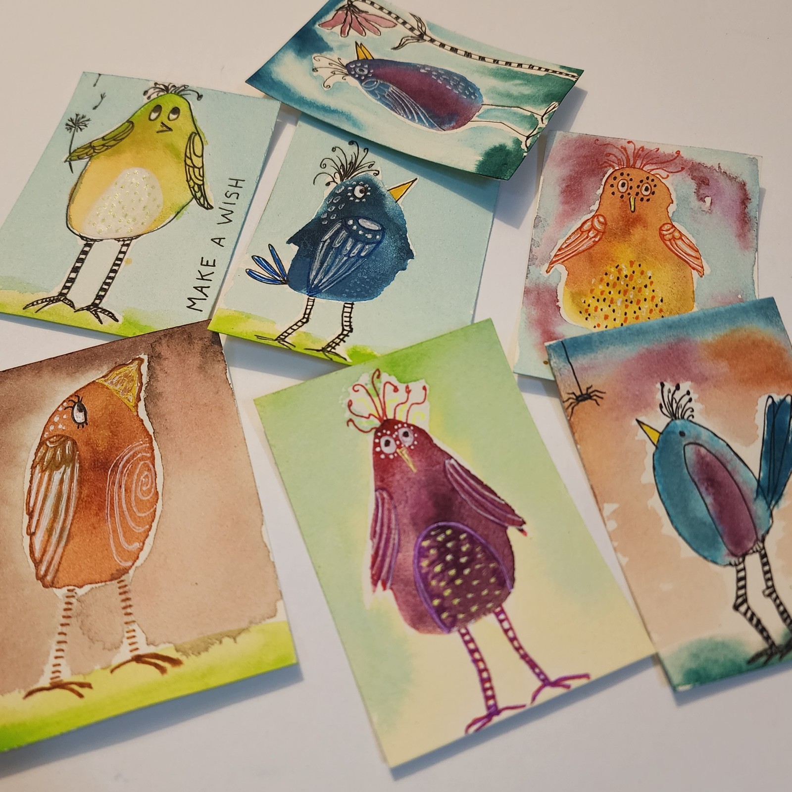 ACEO Original Painting Quirky Bird Hearts Red Art Trading Card – AMBER K