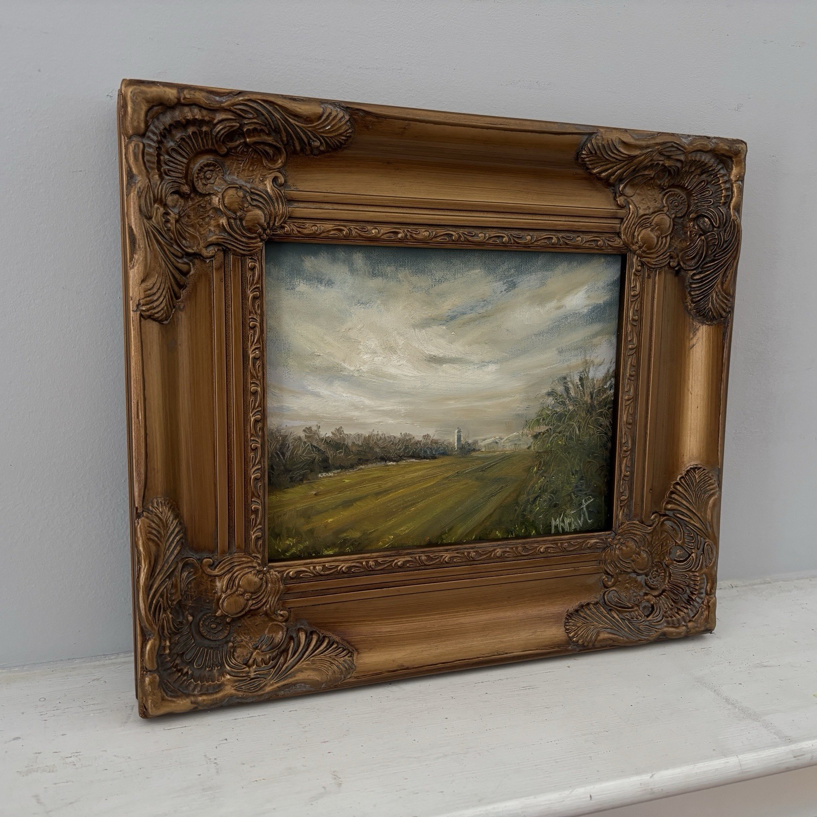 Original Rural Scene Tower Cloudy Landscape Painting Gold Antique Frame OAK Sign