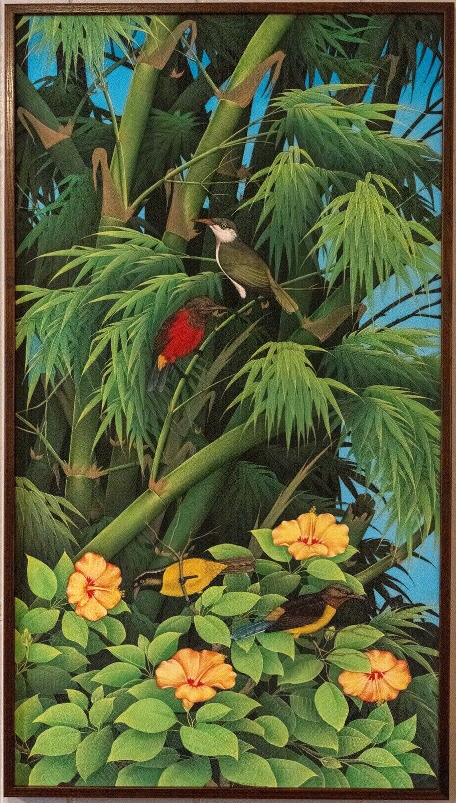 Framed Original Bali Painting UBUD The Beauty of Bali, Nature, Birds, Bamboo