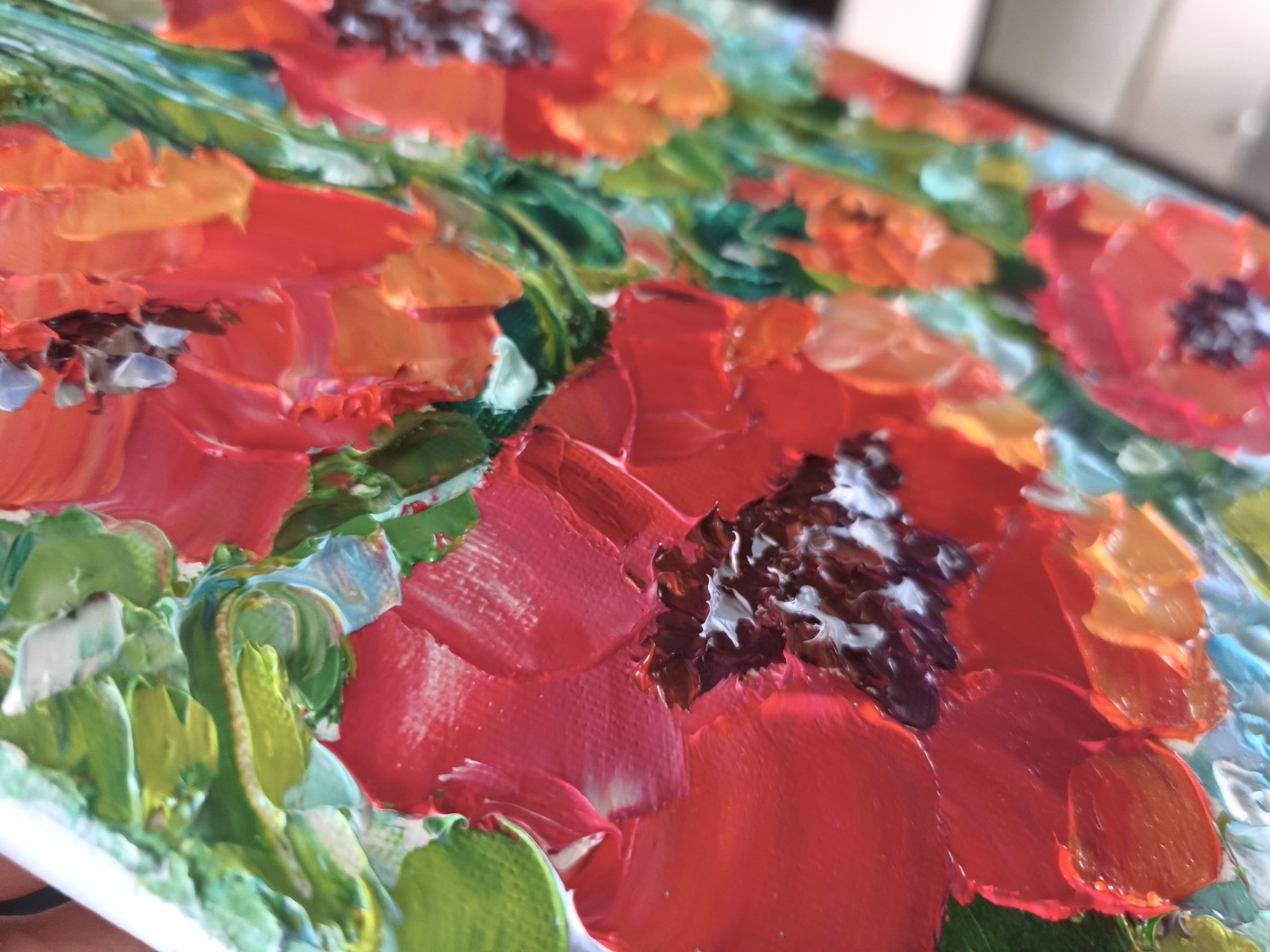Original Oil Painting Red Poppy Flower Impasto Art on Canvas 25x20cm Signed