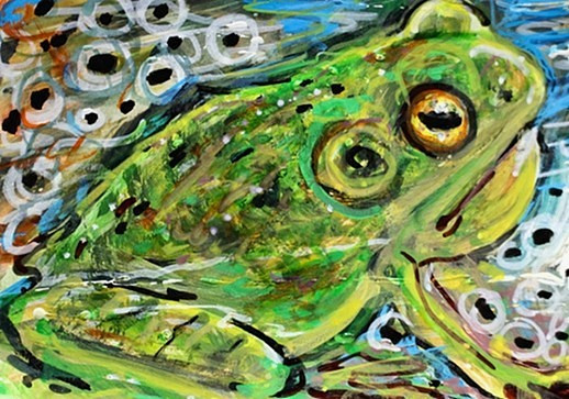 ORIGINAL ACEO Painting SPRING Green FROG & Eggs Amphibian Animal Pond ATC ART