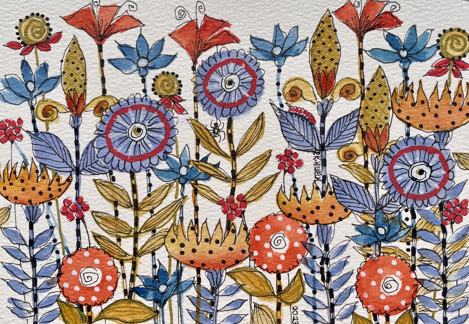 Pamela Wilhelm original 5×7 Fun Whimsical Floral Watercolor Blue Gold Orange