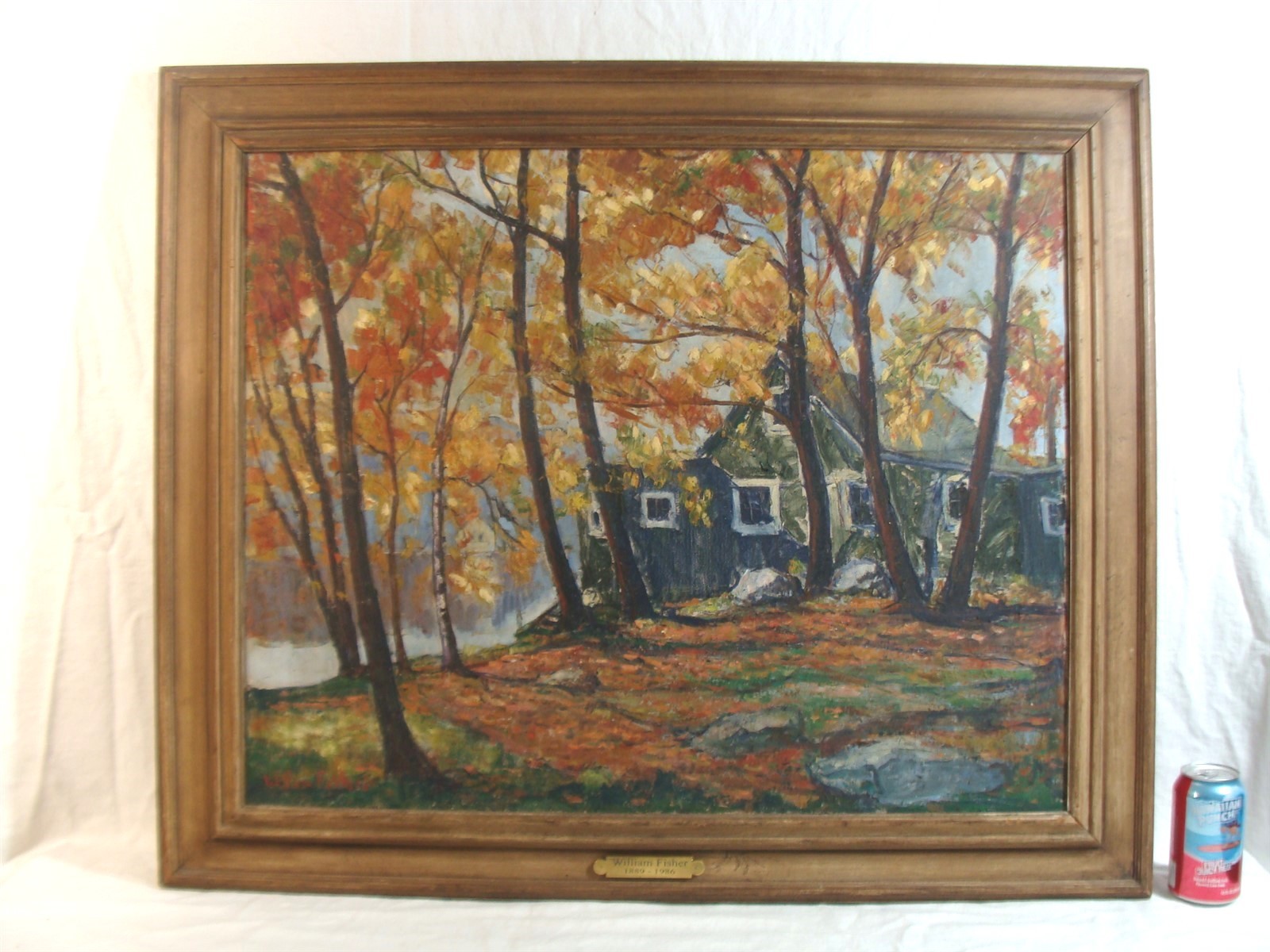 Antique William Fisher Fall Foliage Lake Cottage Landscape O/C Painting