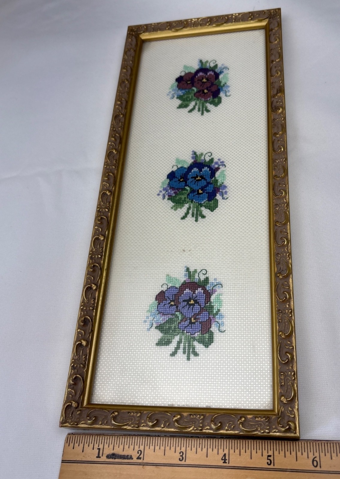 Floral Cross-Stitch Wall Art Gold Ornate Frame Trio of Pansy Flowers 14×6 Framed