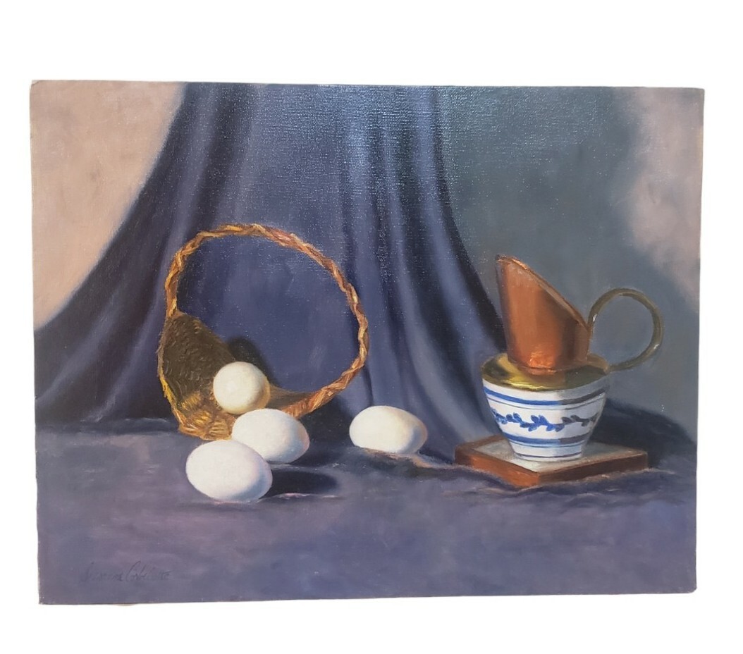 Original Oil Still Life Painting Eggs Basket Blue White Jar Signed