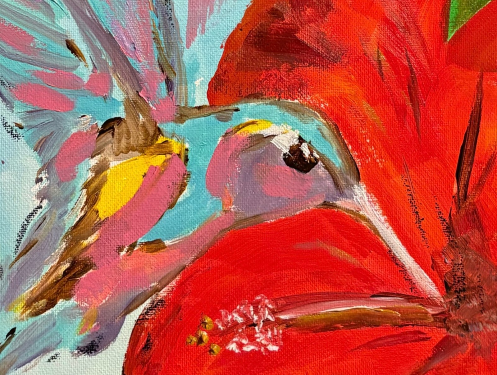 Hummingbird and Hibiscus Painting Original Tropical Bird Floral 11×14 Artwork