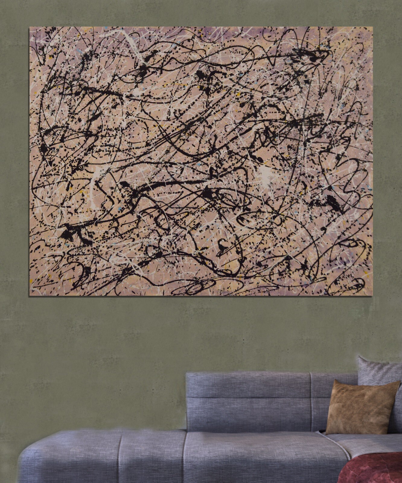 Jackson Pollock inspired ￼Painting, 72” X 56” Acrylic, Abstract, Lavender Mist
