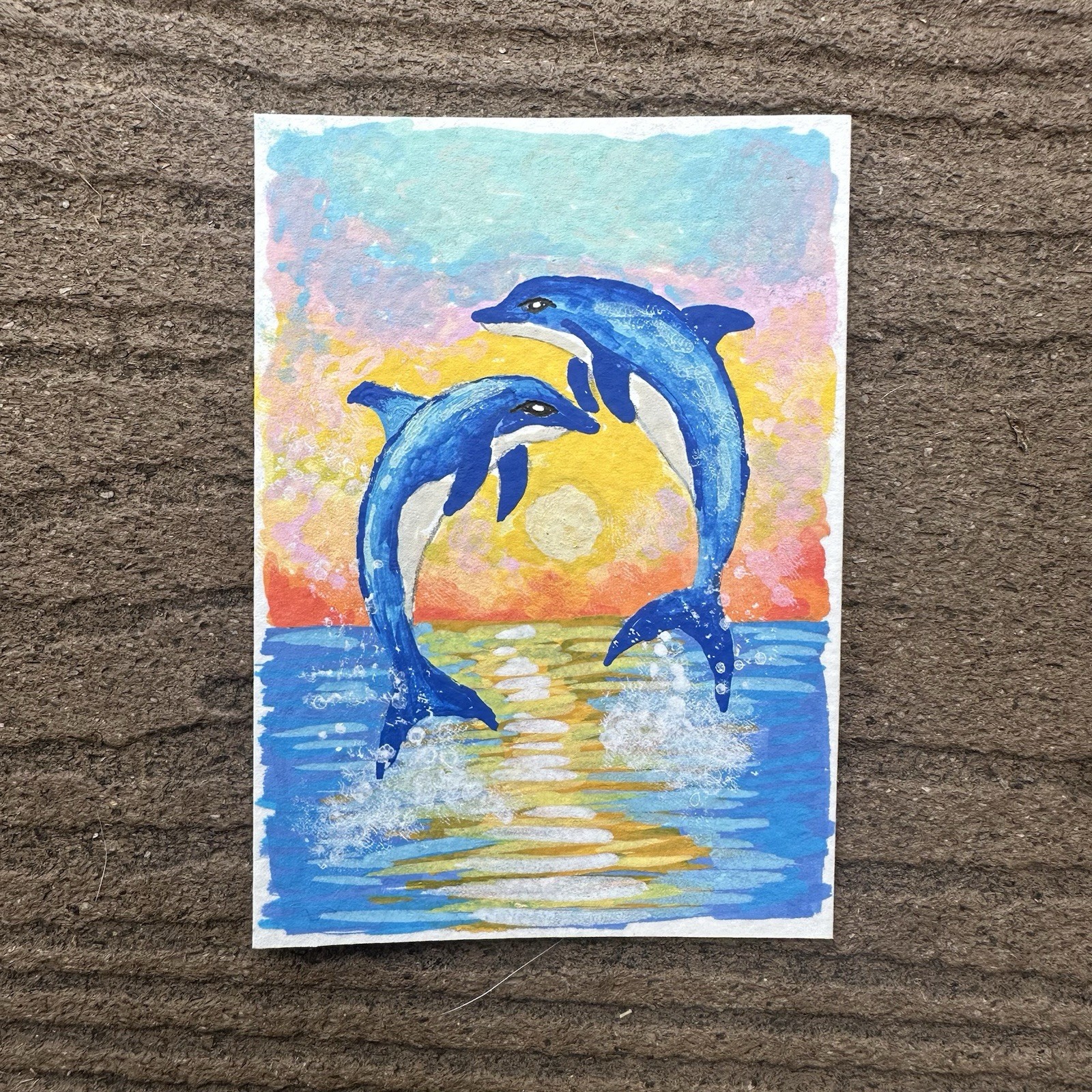 Aceo Original Dolphin Beach Sunset Acrylic Painting