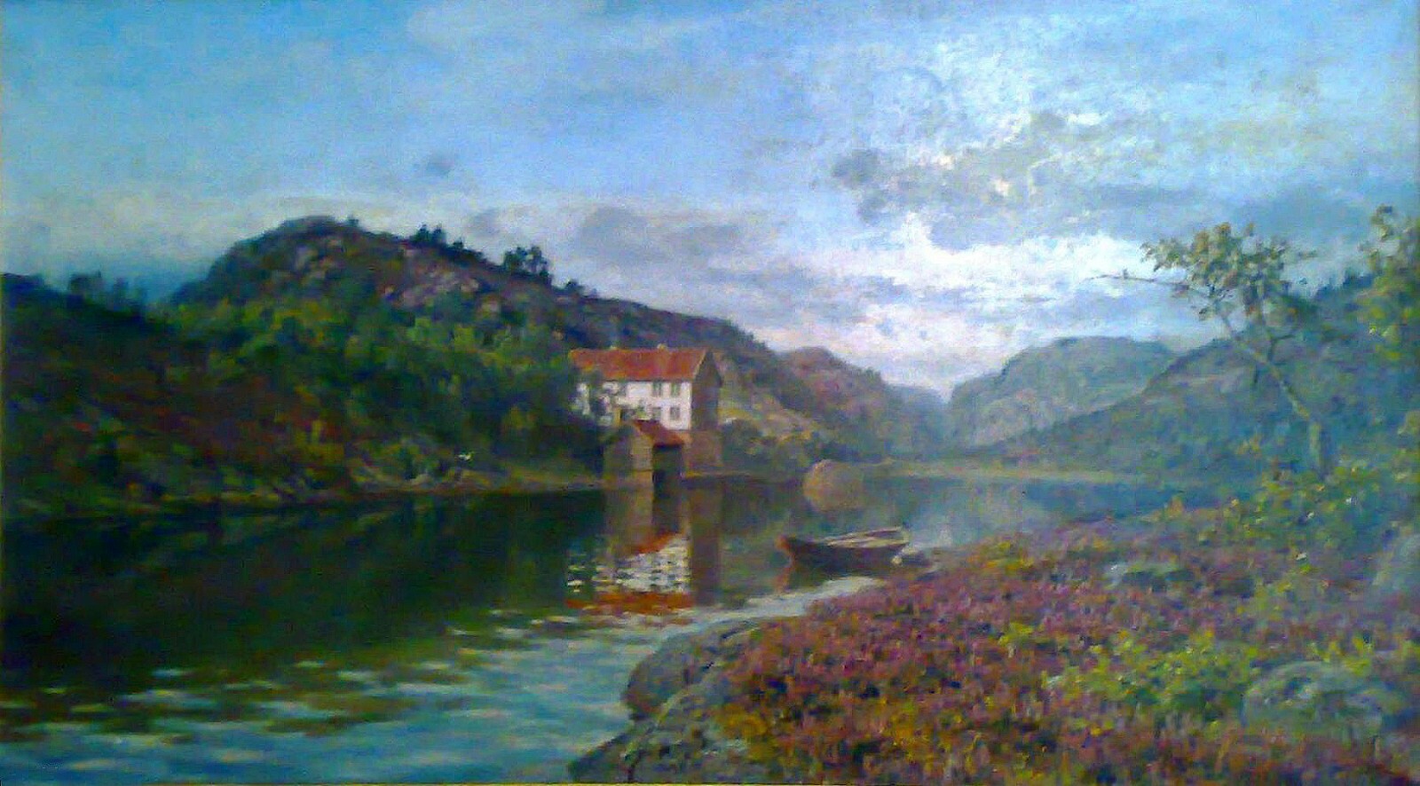 Oil painting Amaldus-Nielsen nice spring landscape with canoe house on river