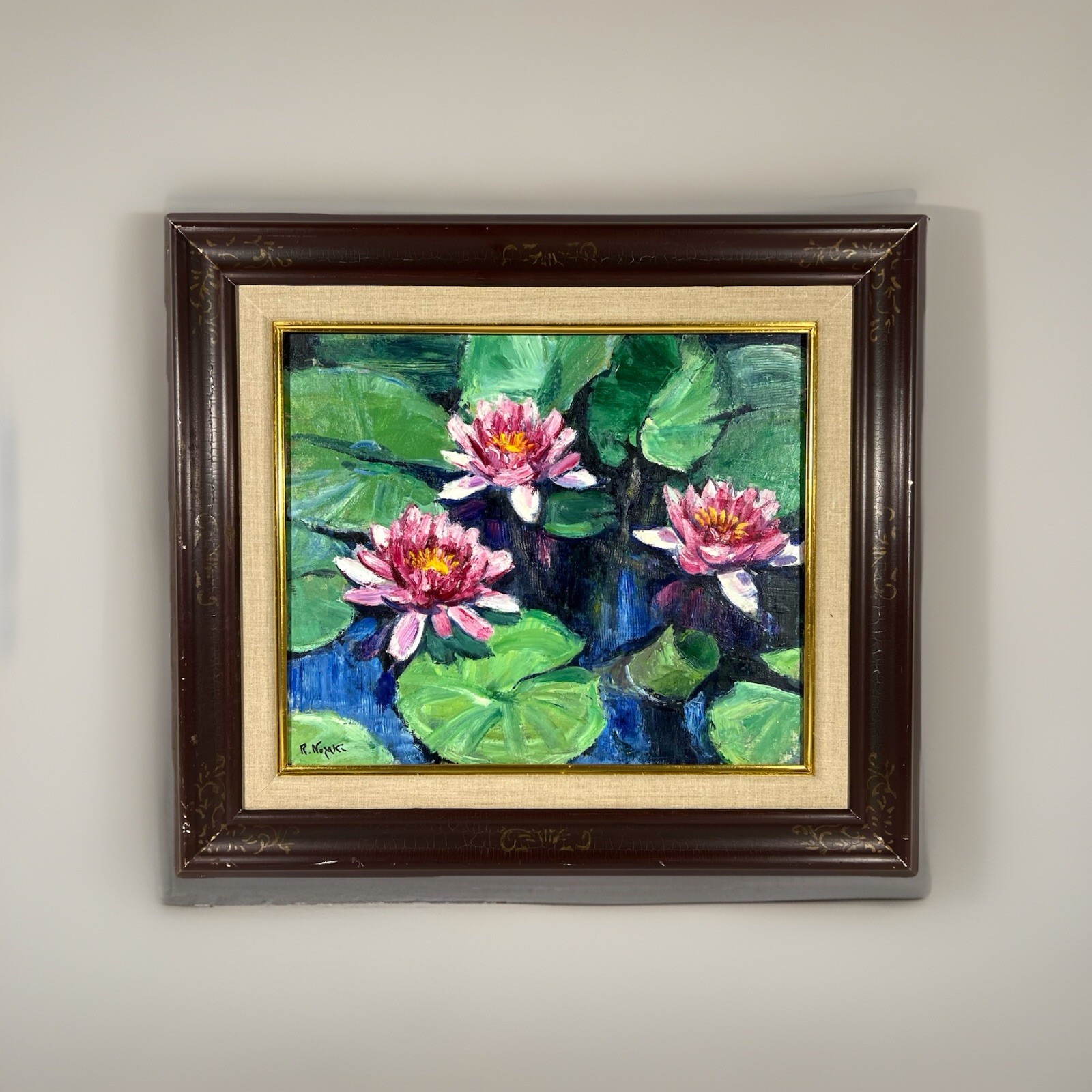 Japanese Vintage Mid-Century Water Lilies Still Life Oil Painting Modern Floral