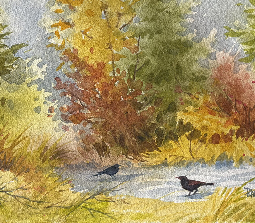 8.3”x5.9” Original Watercolor Pamela Wilhelm Coral Pink Green Leaves Floral