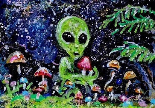 Original ACEO Painting ALIEN Mushrooms Stars ET Martian Universe UFO ATC ART