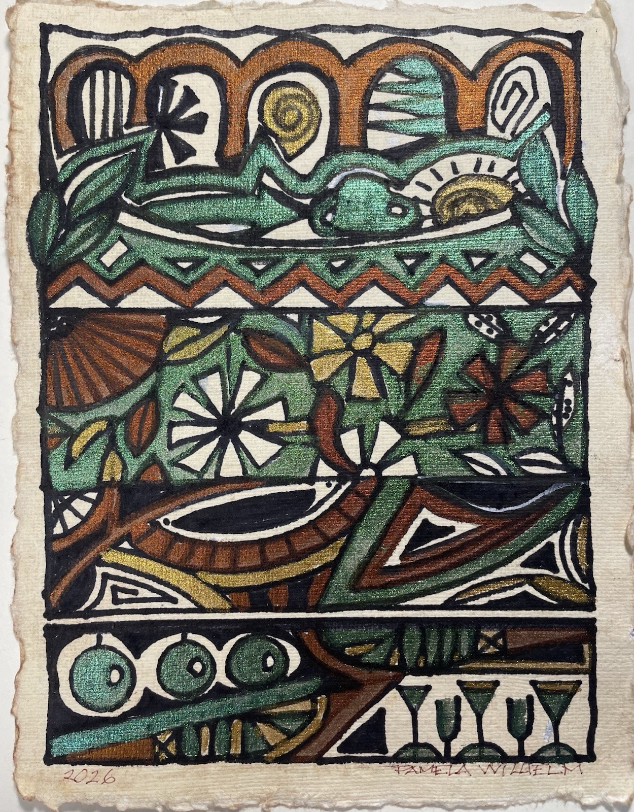 Original Pamela Wilhelm 6”x8 Ink & Metallic Watercolor On Tea Stain Cotton Paper