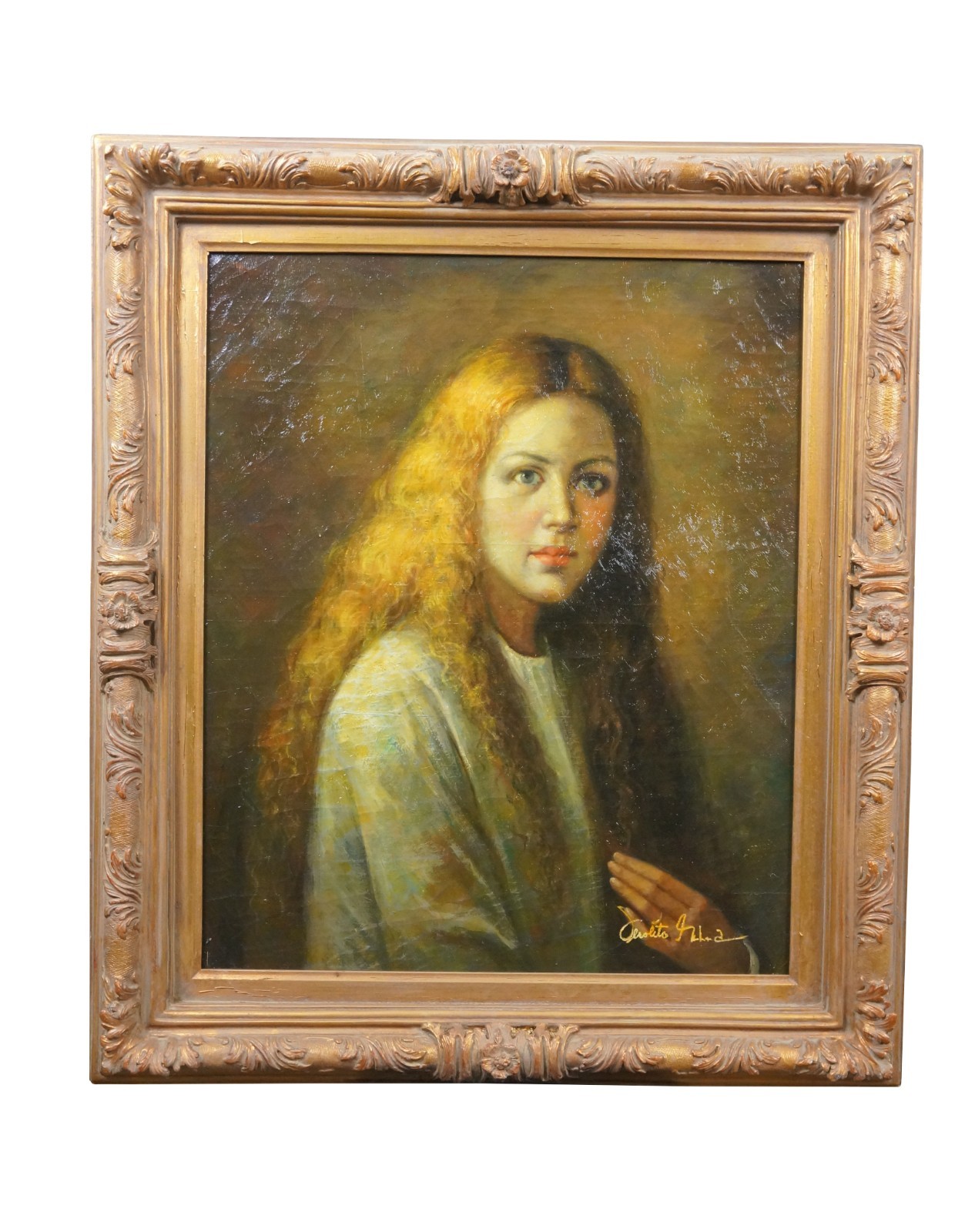 Vintage Oil on Linen Portrait Painting of Woman in Yellow Realism Signed 31″