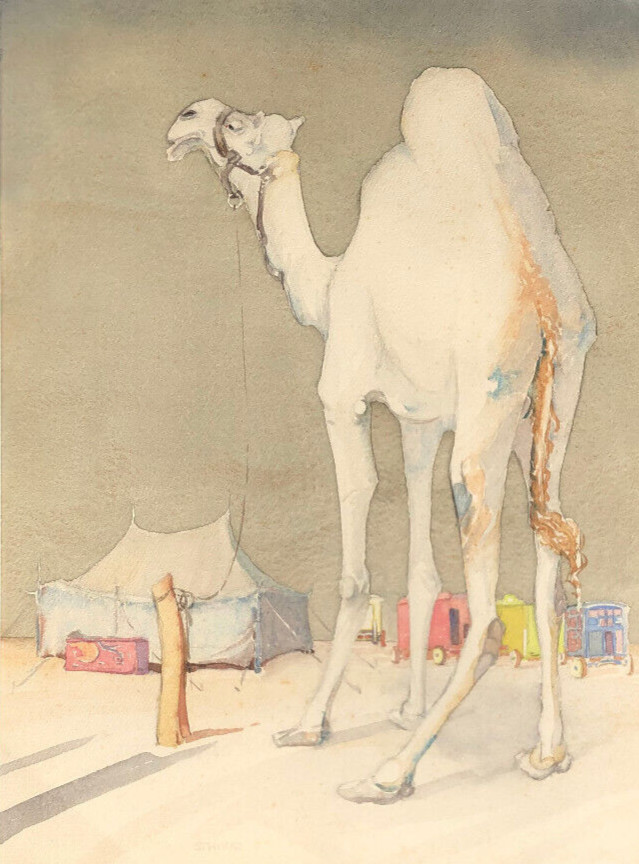 «Waiting» Camel & Circus Tents -Animal Alphabet W/C Painting-c.1935-Clara Stroud