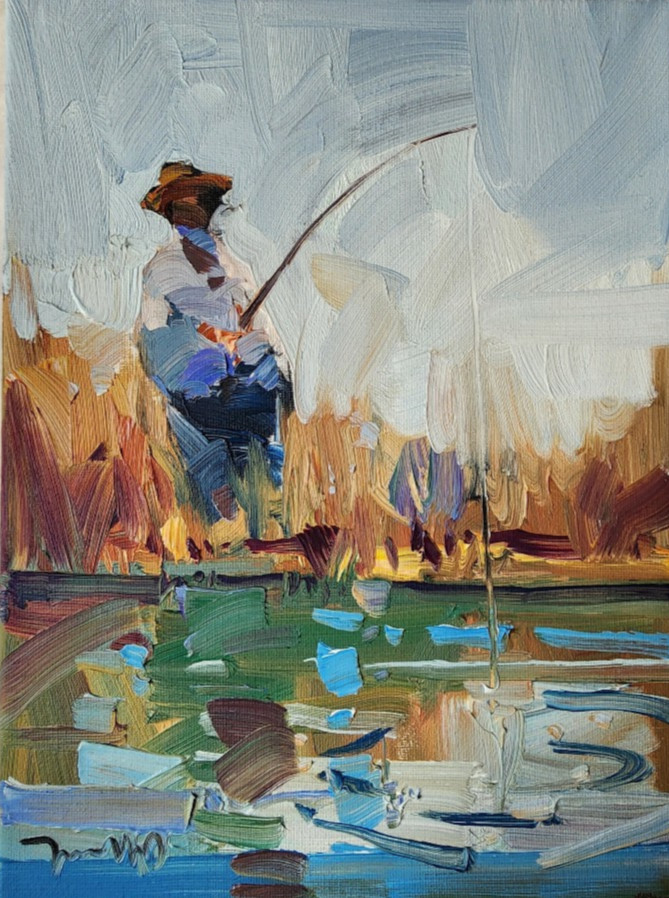 Jose Trujillo Original Oil Painting – Fishing, Fisherman 9×12 Oil on Canvas