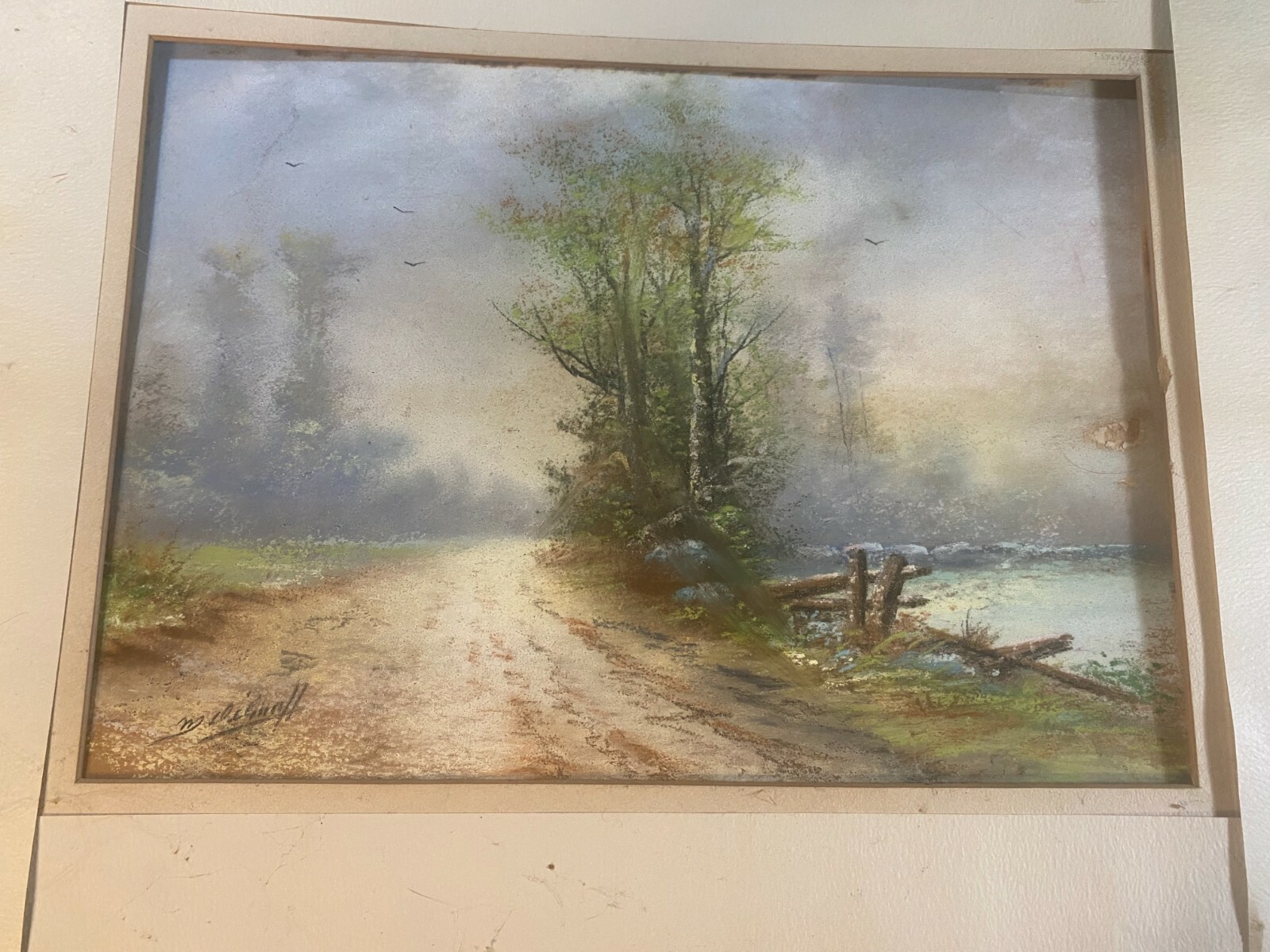 Antique M DeGraff «Landscape With Path And River» Pastel Painting -Signed/Framed