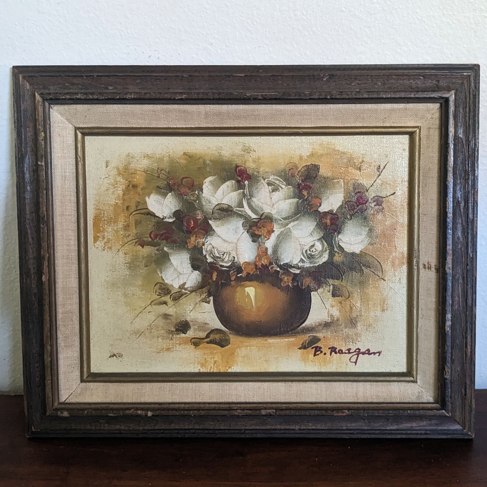Original Vintage Oil Painting Yellow White Rose Flowers Canvas on Board signed