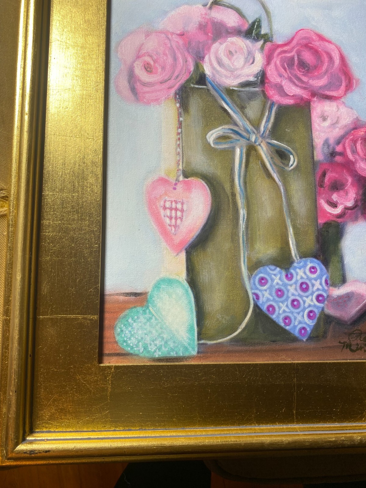 Pearl Mintzer «Hearts And Flowers Scene» Oil Painting – Signed And Framed