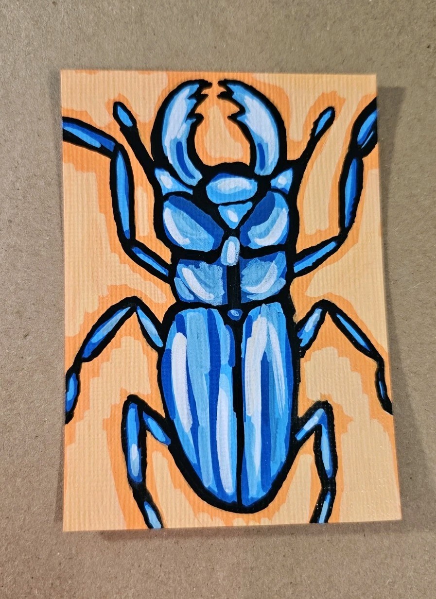 ACEO Stag Beetle Mini Painting Acrylic Markers Bug Artwork Signed Insect Art