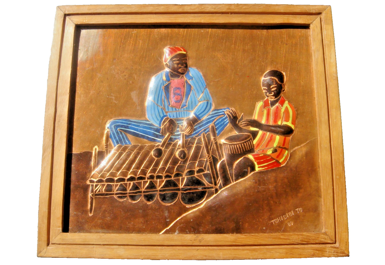 African Relief painting on copper signed by the Congolese artist Guycha Tshidibi
