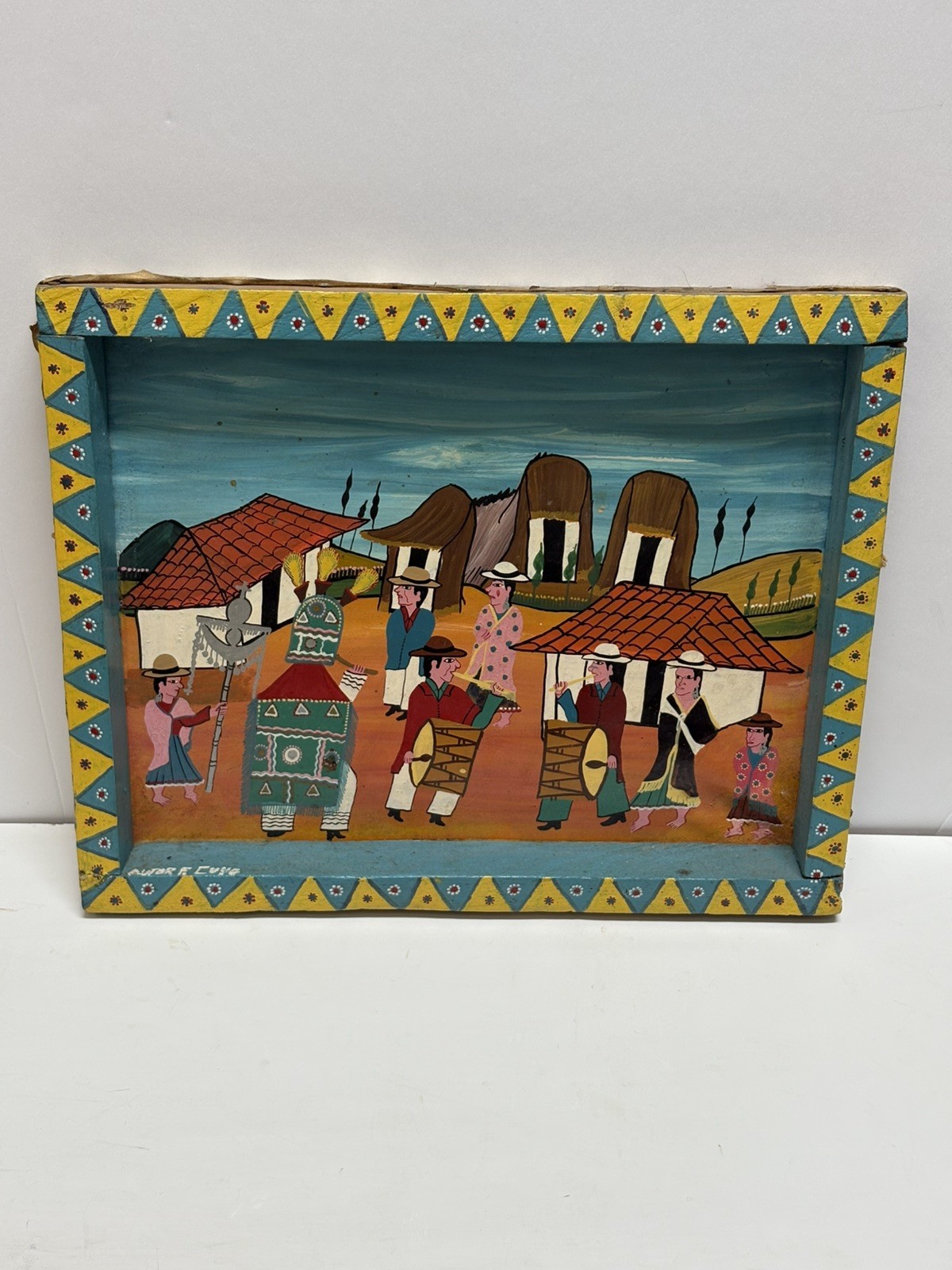 Vtg Hand Painted Peruvian Folk Art On Animal Hide Signed & Framed Original