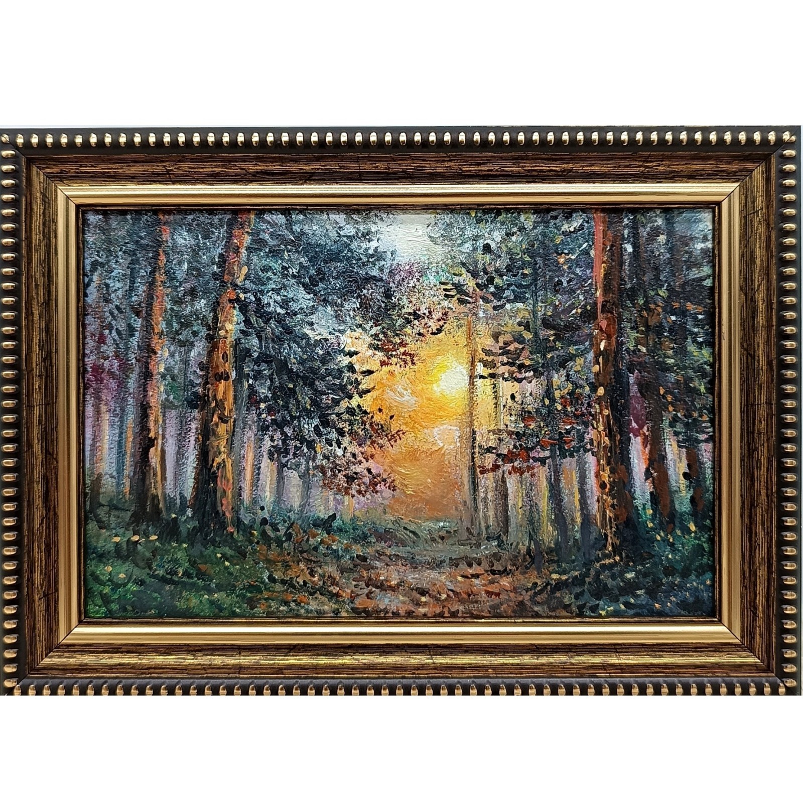 Forest Sunset Original Oil Painting 6×4 Framed Signed Nature Landscape Wall Art