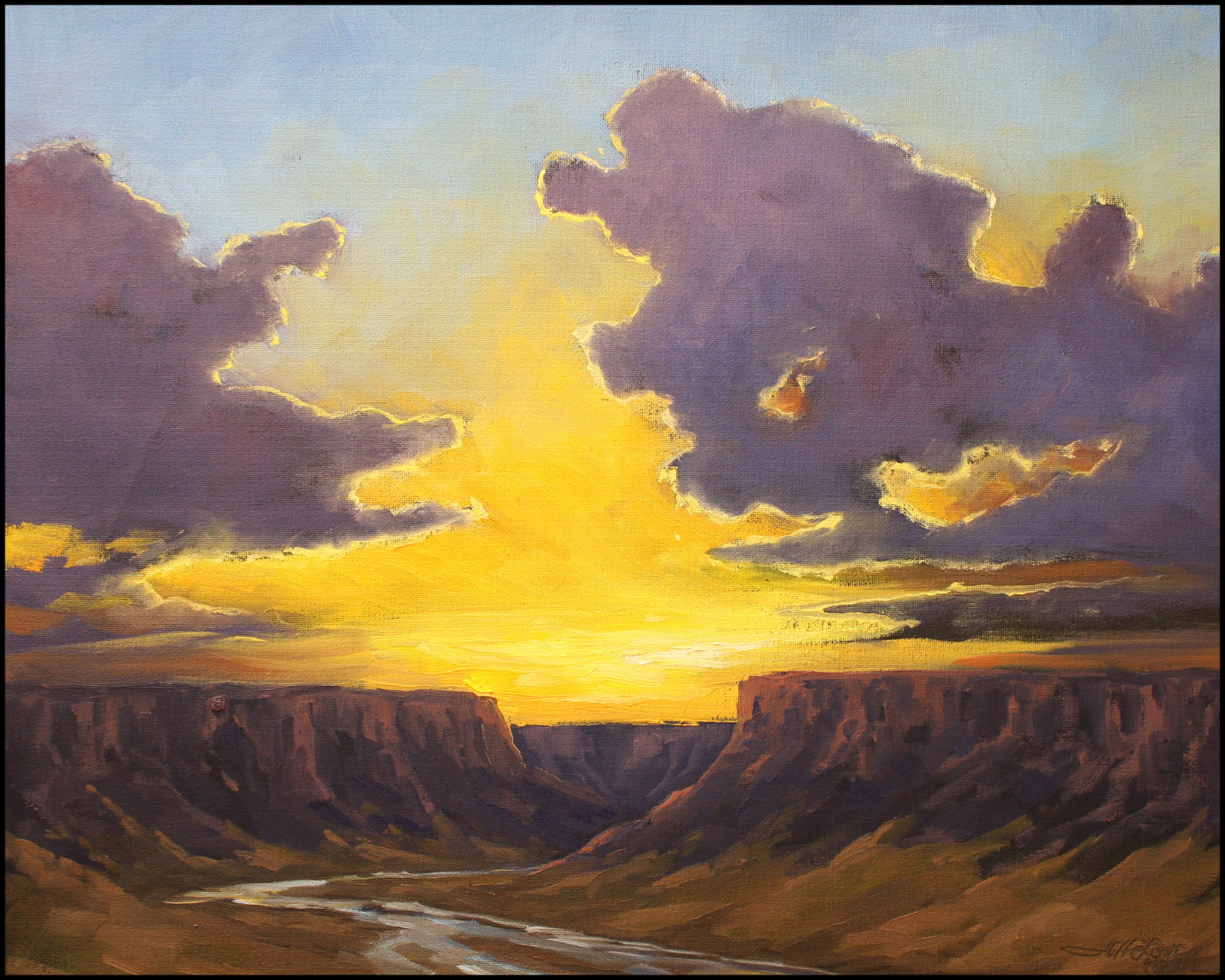 Jeff Love Art 16X20″ Original Oil Painting Canyon Cliff Bright Sunset River Sky