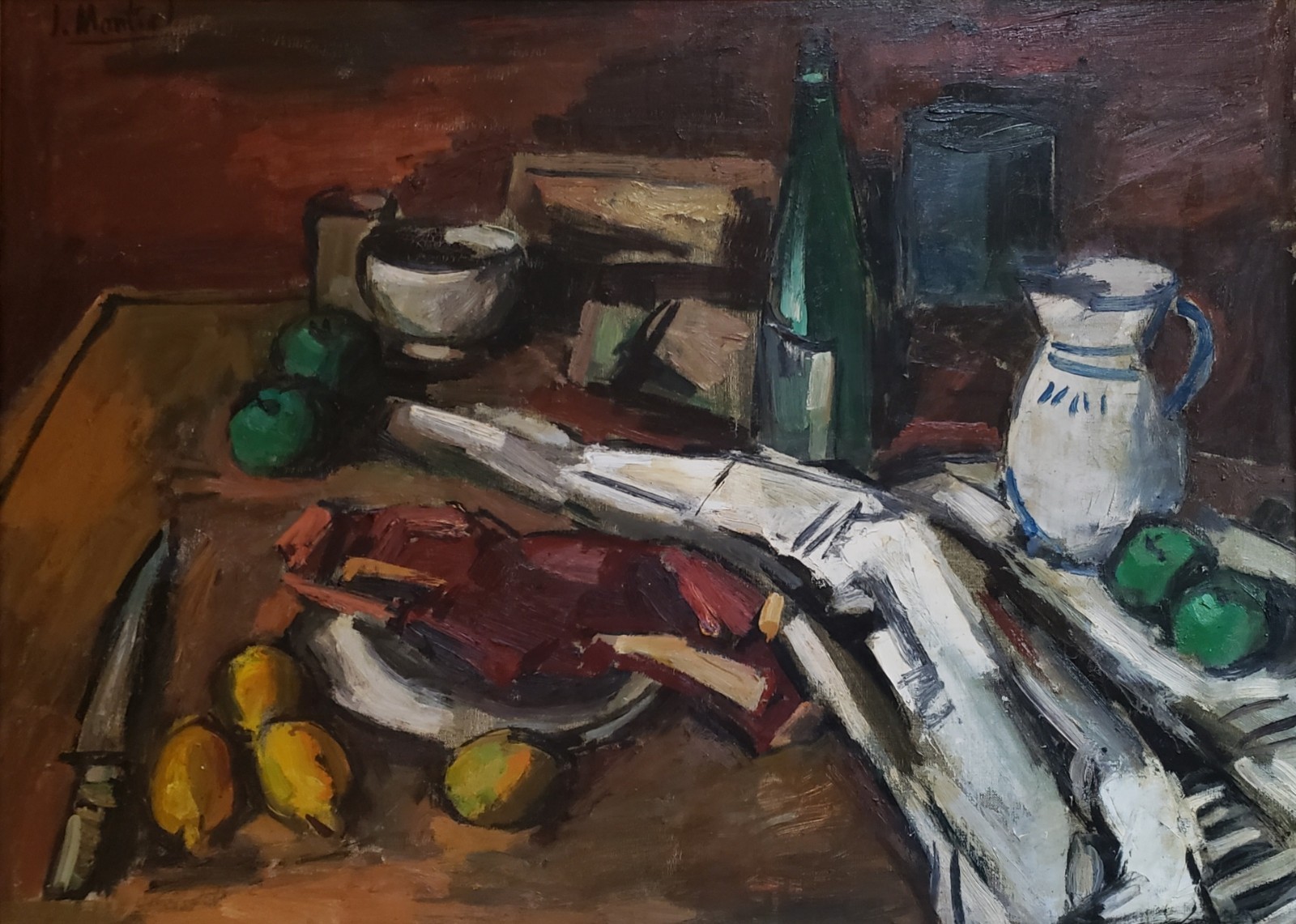 JONIO MONTIEL Still Life Vintage Post-Modern Oil Painting MCM c.1950 Framed