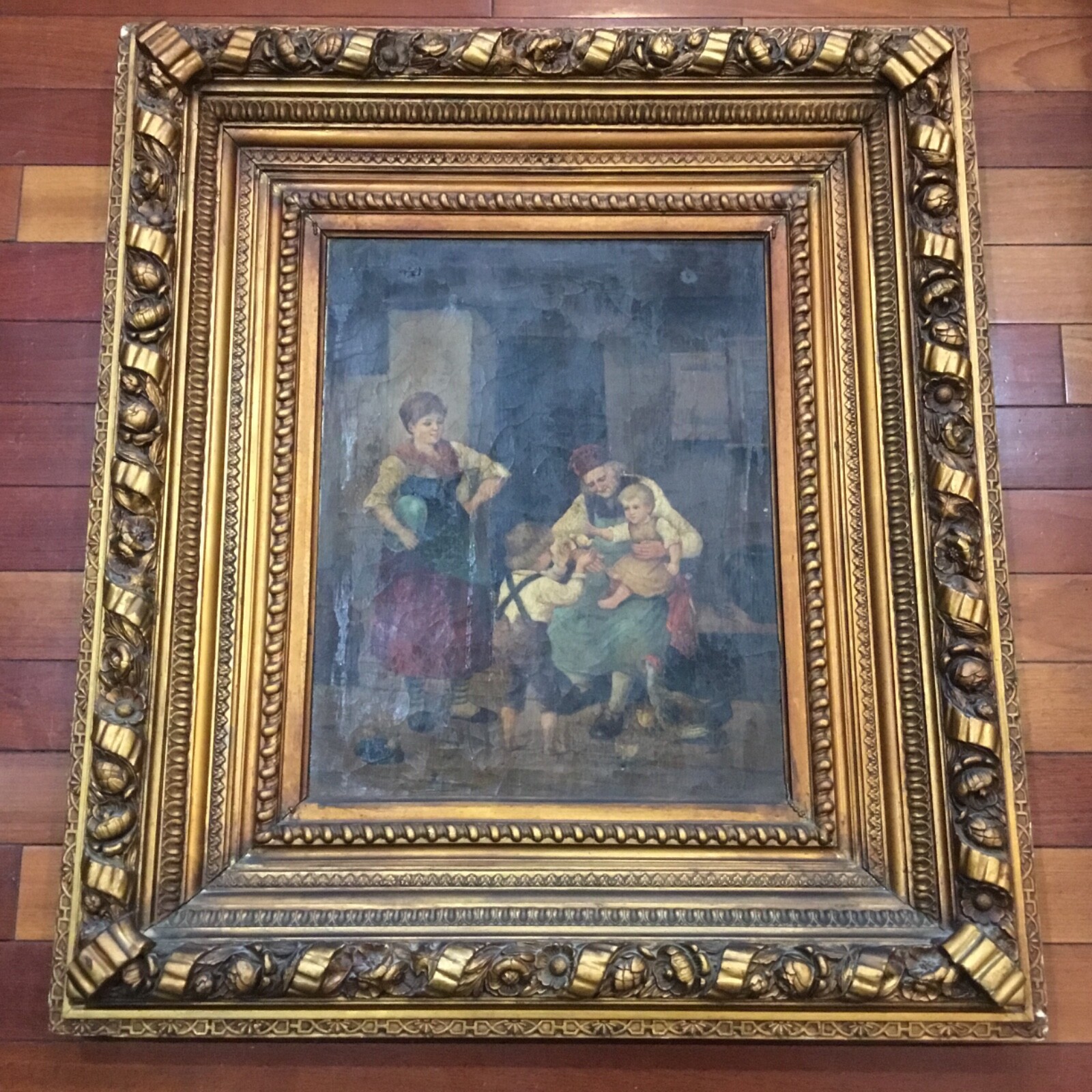 Fine Antique Oil Painting Children in Barn Large Ornate Frame Signed Burger