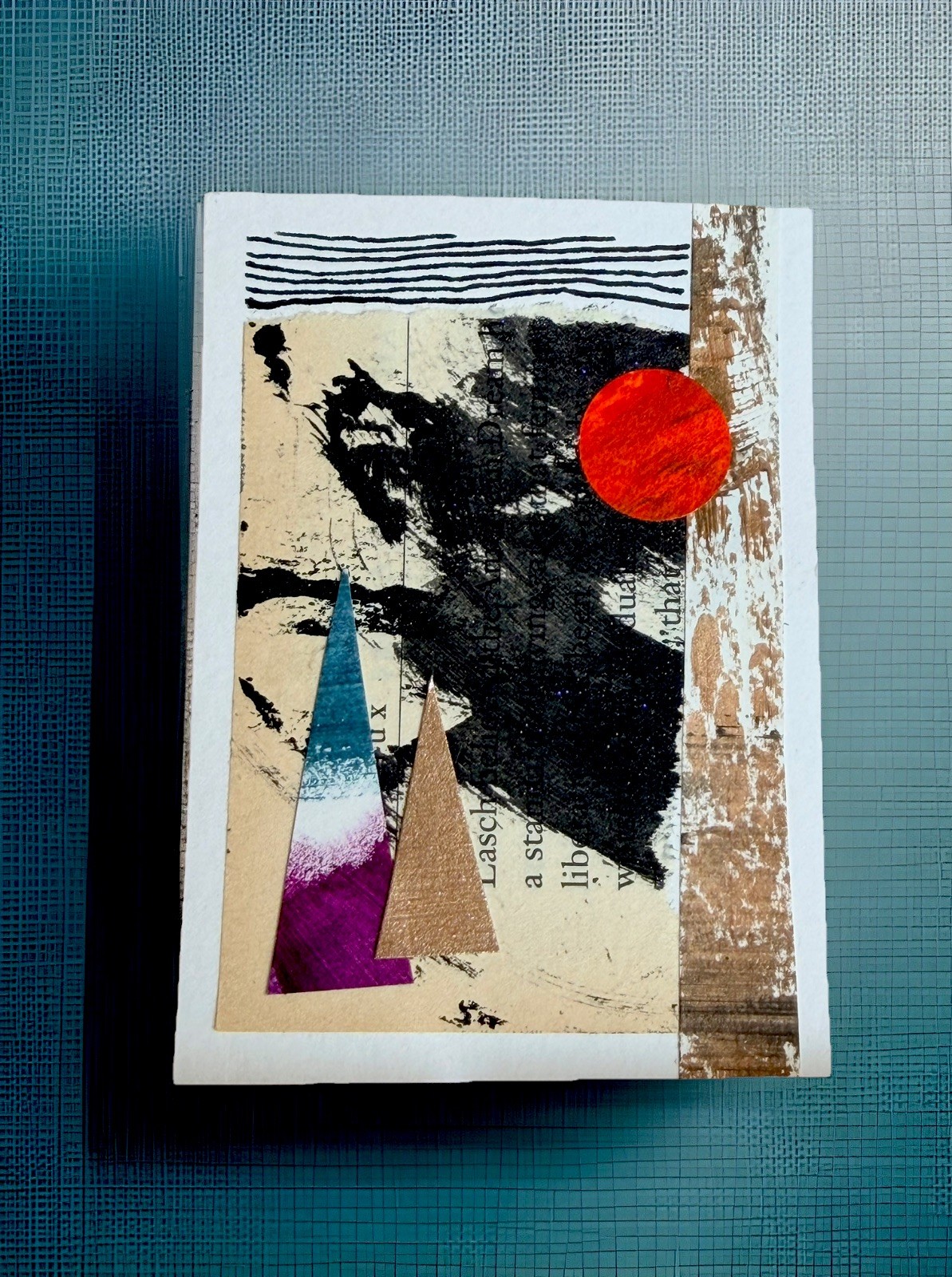 Original ACEO Mixed Media Collage Abstract Landscape Red Sun Handmade Card no. 3