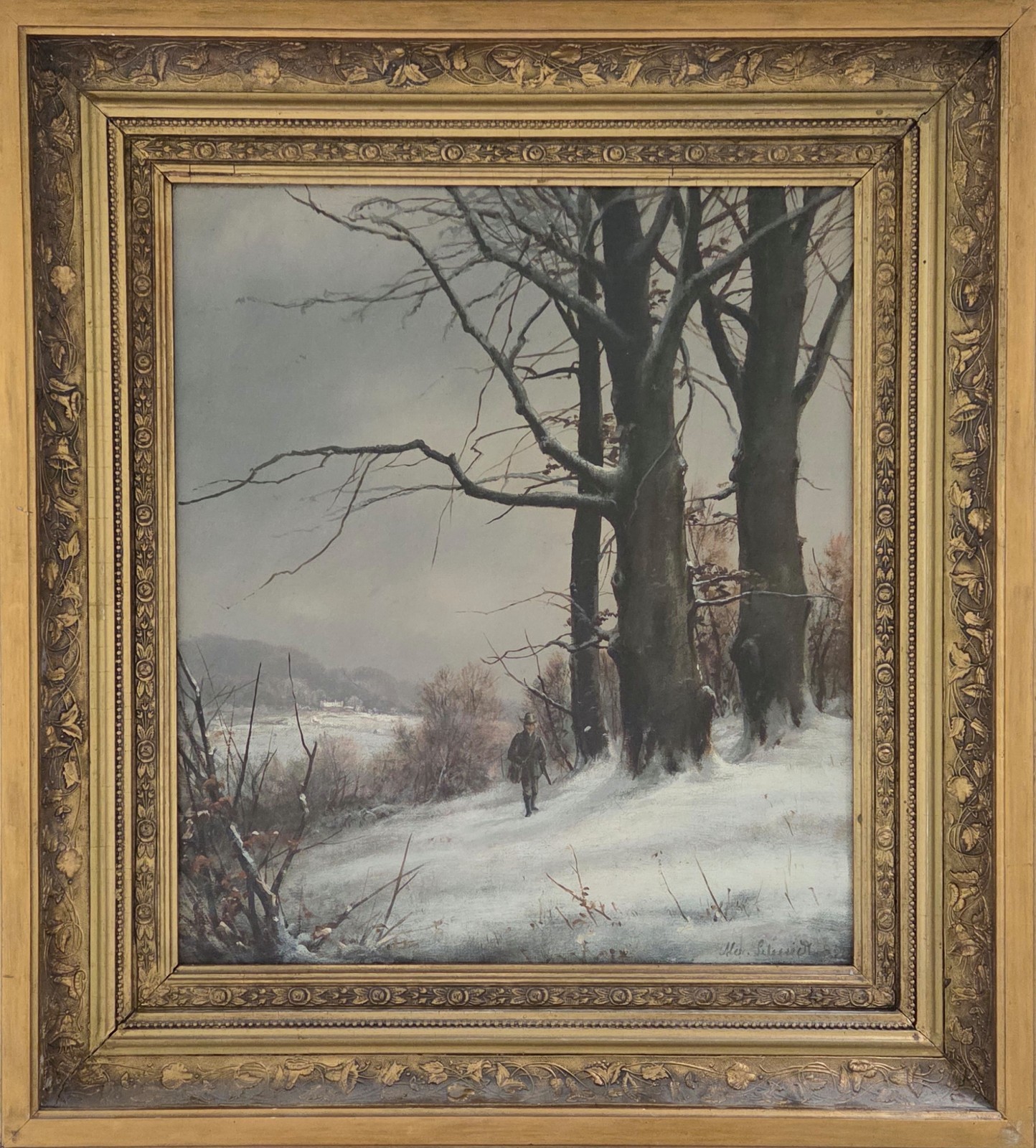 Antique oil painting. Alexander Schmidt(1842-1903):”A hunter in the snow”(1883)