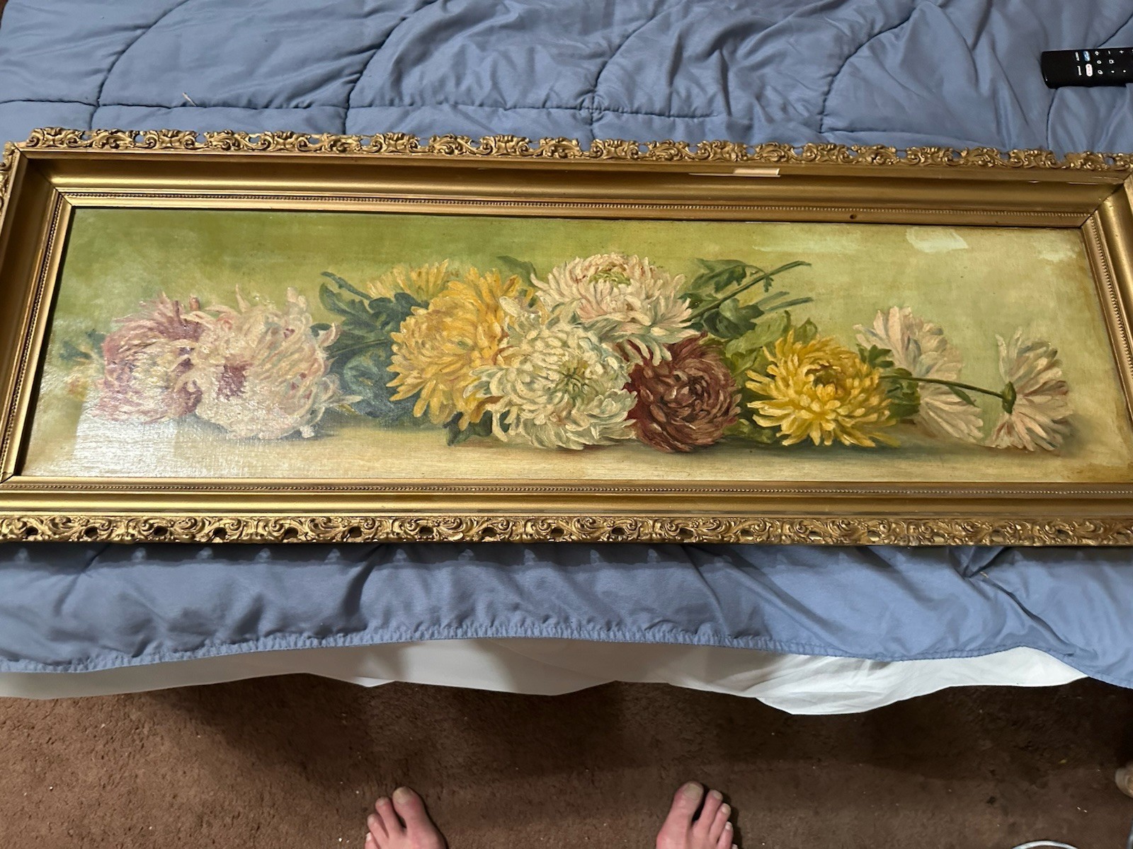 Antique Victorian Rare Horizontal Oil / C Chrysanthemum’s 40 X 14 Still Life