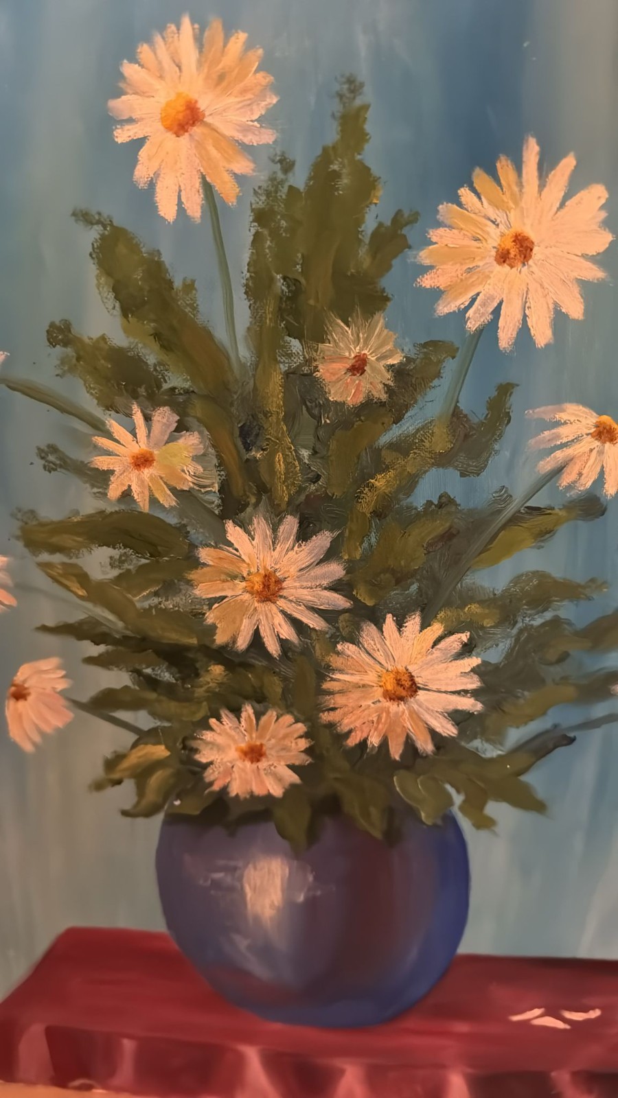Kratt Original Oil Floral Still Life – White Daisies Blue Vase, 16×20 Unframed