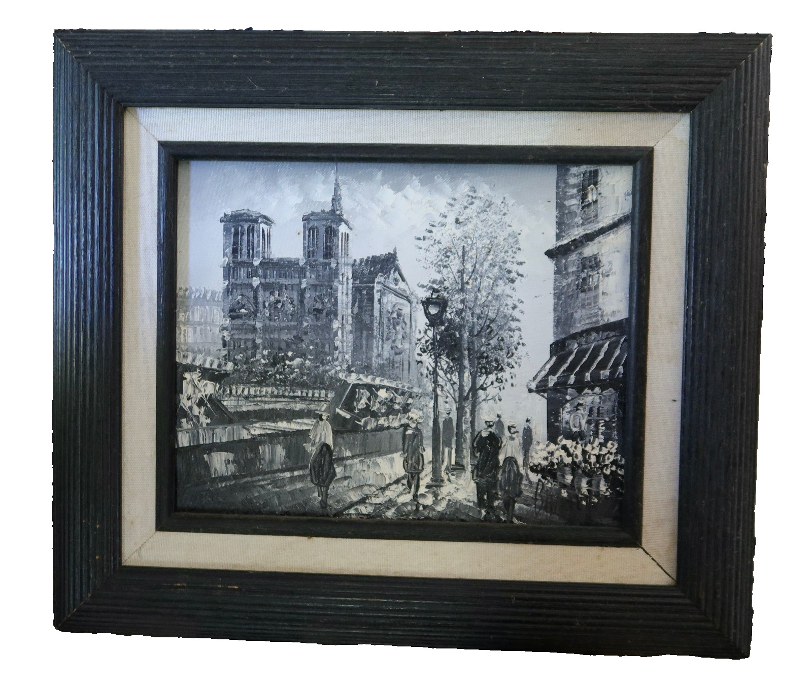 Original Notre Dame Paris Painting Framed French Street Scene 15×13 Vintage Art