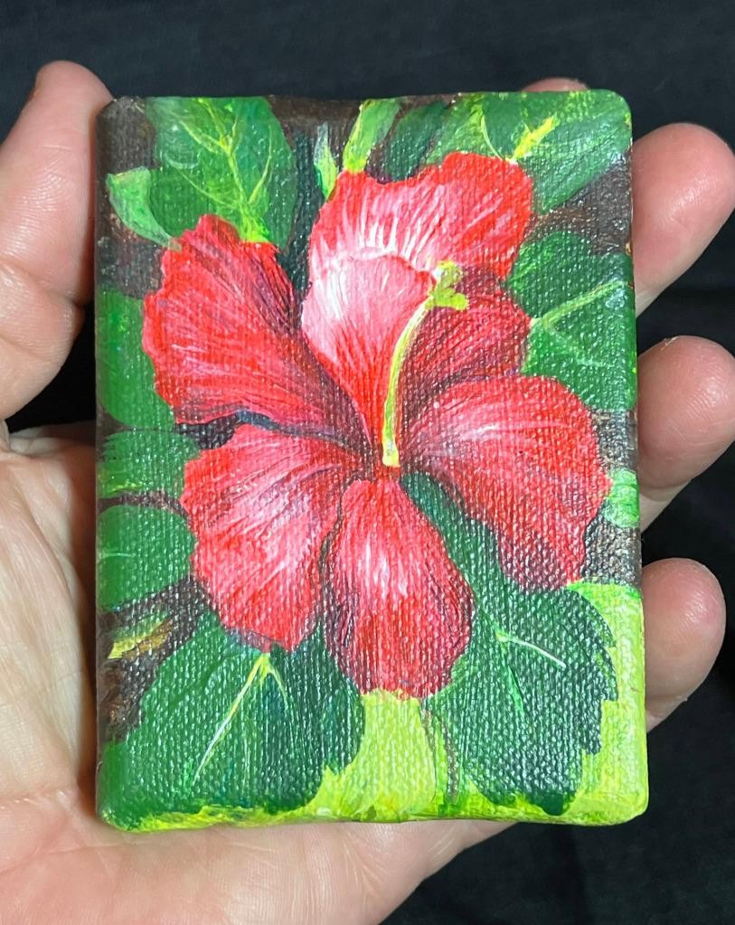 Small Original Art Painting of Hibiscus Flower Floral Garden Still Life Signed