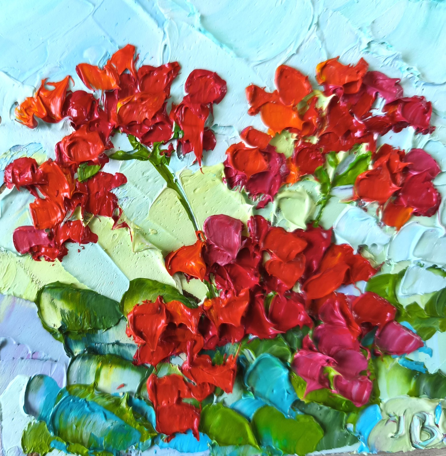 Small Original Oil painting Flower Impasto Artwork 4x4in Red Geranium Signed